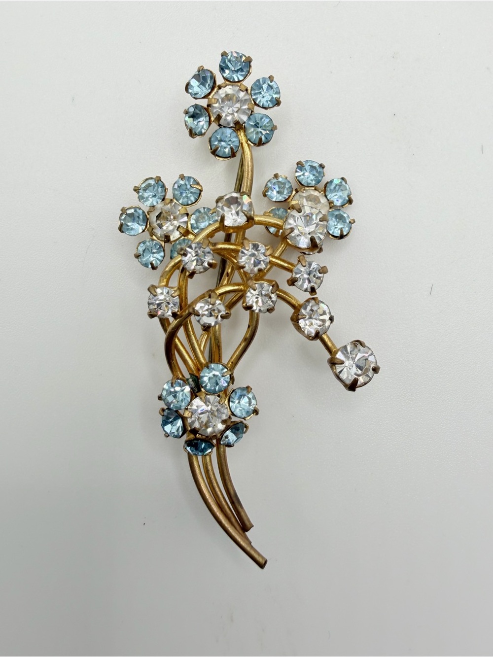 Vintage Mid-Century Blue Rhinestone Floral Spray Brooch